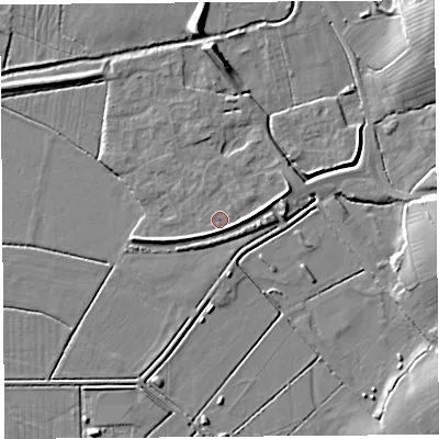 Shaded relief map of the ground around BS273GA, computed from Environment Agency LiDAR. The ground here sits at about 8 m above sea level and falls 14 m across the surrounding 800 m. Surface water reaching this point runs off ground lying to the east-south-east, 1.8 m higher.