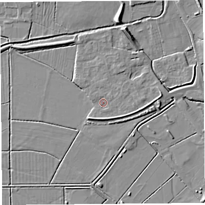 Shaded relief map of the ground around BS273GB, computed from Environment Agency LiDAR. The ground here sits at about 7 m above sea level and falls 9 m across the surrounding 800 m. Surface water reaching this point runs off ground lying to the east-north-east, 0.8 m higher.