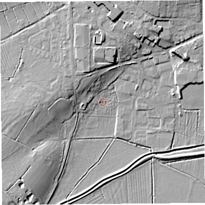 Shaded relief map of the ground around BS273GQ, computed from Environment Agency LiDAR. The ground here sits at about 7 m above sea level and falls 13 m across the surrounding 800 m. Surface water reaching this point runs off ground lying to the north-north-west, 6.4 m higher.