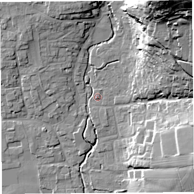 Shaded relief map of the ground around BS273LZ, computed from Environment Agency LiDAR. The ground here sits at about 12 m above sea level and falls 63 m across the surrounding 800 m. Surface water reaching this point runs off ground lying to the north-north-east, 45.7 m higher.