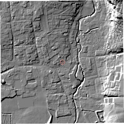 Shaded relief map of the ground around BS273NA, computed from Environment Agency LiDAR. The ground here sits at about 12 m above sea level and falls 40 m across the surrounding 800 m. Surface water reaching this point runs off ground lying to the north-north-west, 5.0 m higher.