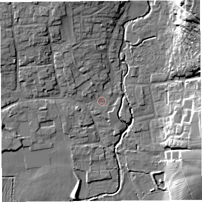 Shaded relief map of the ground around BS273NB, computed from Environment Agency LiDAR. The ground here sits at about 11 m above sea level and falls 34 m across the surrounding 800 m. Surface water reaching this point runs off ground lying to the north-north-west, 5.1 m higher.