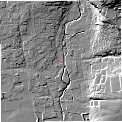 Shaded relief map of the ground around BS273ND, computed from Environment Agency LiDAR. The ground here sits at about 11 m above sea level and falls 48 m across the surrounding 800 m. Surface water reaching this point runs off ground lying to the north-east, 44.7 m higher.