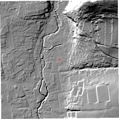 Shaded relief map of the ground around BS273NE, computed from Environment Agency LiDAR. The ground here sits at about 13 m above sea level and falls 81 m across the surrounding 800 m. Surface water reaching this point runs off ground lying to the north-east, 73.5 m higher.