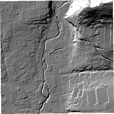 Shaded relief map of the ground around BS273NF, computed from Environment Agency LiDAR. The ground here sits at about 13 m above sea level and falls 85 m across the surrounding 800 m. Surface water reaching this point runs off ground lying to the north-east, 60.3 m higher.