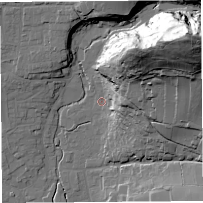 Shaded relief map of the ground around BS273NG, computed from Environment Agency LiDAR. The ground here sits at about 14 m above sea level and falls 94 m across the surrounding 800 m. Surface water reaching this point runs off ground lying to the north-east, 58.4 m higher.