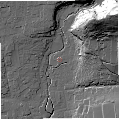Shaded relief map of the ground around BS273NH, computed from Environment Agency LiDAR. The ground here sits at about 14 m above sea level and falls 83 m across the surrounding 800 m. Surface water reaching this point runs off ground lying to the north-east, 0.6 m higher.