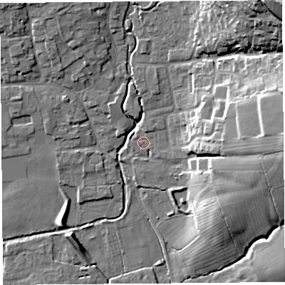 Shaded relief map of the ground around BS273NJ, computed from Environment Agency LiDAR. The ground here sits at about 10 m above sea level and falls 29 m across the surrounding 800 m. Surface water reaching this point runs off ground lying to the north-east, 26.9 m higher.