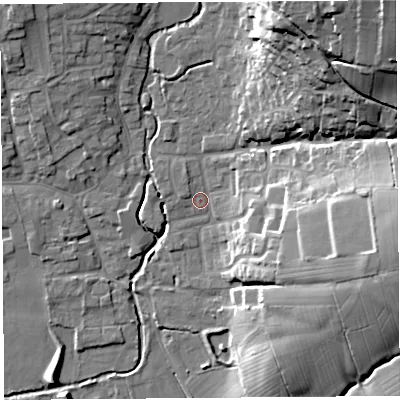 Shaded relief map of the ground around BS273NL, computed from Environment Agency LiDAR. The ground here sits at about 11 m above sea level and falls 44 m across the surrounding 800 m. Surface water reaching this point runs off ground lying to the north-east, 39.5 m higher.