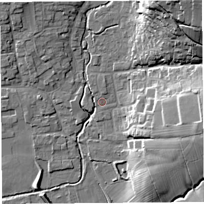 Shaded relief map of the ground around BS273NN, computed from Environment Agency LiDAR. The ground here sits at about 11 m above sea level and falls 37 m across the surrounding 800 m. Surface water reaching this point runs off ground lying to the north, 4.2 m higher.