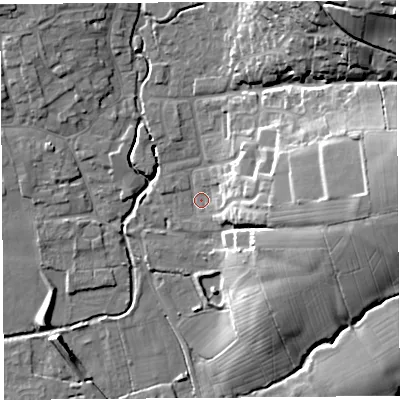 Shaded relief map of the ground around BS273NP, computed from Environment Agency LiDAR. The ground here sits at about 10 m above sea level and falls 33 m across the surrounding 800 m. Surface water reaching this point runs off ground lying to the north-east, 31.5 m higher.