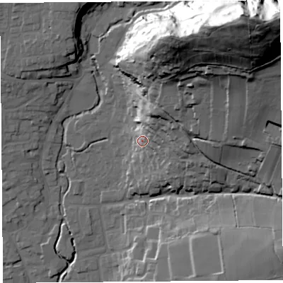 Shaded relief map of the ground around BS273NQ, computed from Environment Agency LiDAR. The ground here sits at about 20 m above sea level and falls 99 m across the surrounding 800 m. Surface water reaching this point runs off ground lying to the north-east, 18.7 m higher.