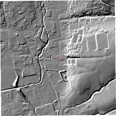 Shaded relief map of the ground around BS273NR, computed from Environment Agency LiDAR. The ground here sits at about 10 m above sea level and falls 27 m across the surrounding 800 m. Surface water reaching this point runs off ground lying to the north-east, 24.9 m higher.