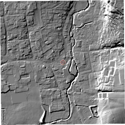 Shaded relief map of the ground around BS273NS, computed from Environment Agency LiDAR. The ground here sits at about 11 m above sea level and falls 35 m across the surrounding 800 m. Surface water reaching this point runs off ground lying to the south, 1.2 m higher.