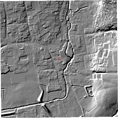 Shaded relief map of the ground around BS273NZ, computed from Environment Agency LiDAR. The ground here sits at about 10 m above sea level and falls 28 m across the surrounding 800 m. Surface water reaching this point runs off ground lying to the north, 2.2 m higher.