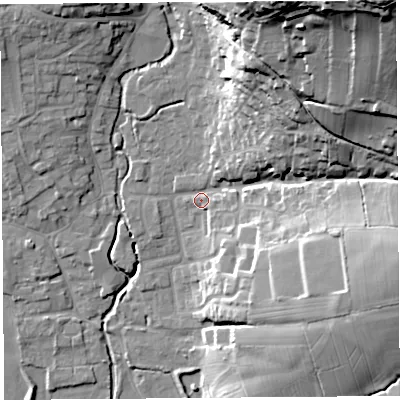 Shaded relief map of the ground around BS273PA, computed from Environment Agency LiDAR. The ground here sits at about 13 m above sea level and falls 60 m across the surrounding 800 m. Surface water reaching this point runs off ground lying to the north-east, 55.0 m higher.