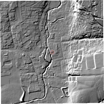 Shaded relief map of the ground around BS273PH, computed from Environment Agency LiDAR. The ground here sits at about 12 m above sea level and falls 39 m across the surrounding 800 m. Surface water reaching this point runs off ground lying to the north-east, 4.1 m higher.