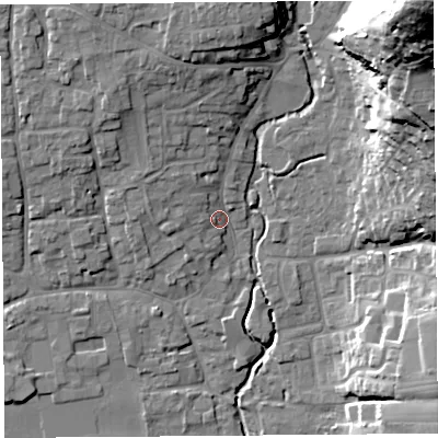 Shaded relief map of the ground around BS273PL, computed from Environment Agency LiDAR. The ground here sits at about 13 m above sea level and falls 64 m across the surrounding 800 m. Surface water reaching this point runs off ground lying to the north-west, 4.4 m higher.