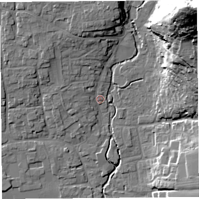 Shaded relief map of the ground around BS273PN, computed from Environment Agency LiDAR. The ground here sits at about 13 m above sea level and falls 65 m across the surrounding 800 m. Surface water reaching this point runs off ground lying to the west-north-west, 3.8 m higher.
