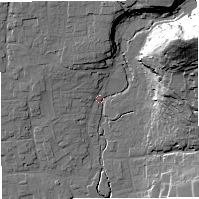 Shaded relief map of the ground around BS273PR, computed from Environment Agency LiDAR. The ground here sits at about 14 m above sea level and falls 68 m across the surrounding 800 m. Surface water reaching this point runs off ground lying to the east-north-east, 64.1 m higher.
