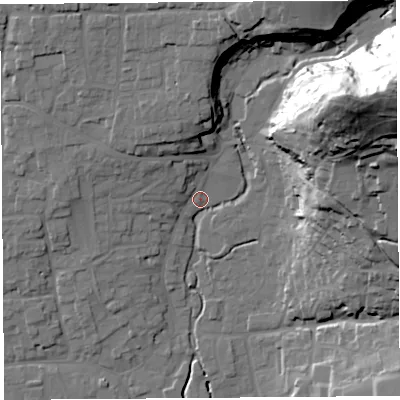 Shaded relief map of the ground around BS273PS, computed from Environment Agency LiDAR. The ground here sits at about 14 m above sea level and falls 73 m across the surrounding 800 m. Surface water reaching this point runs off ground lying to the east-north-east, 68.7 m higher.