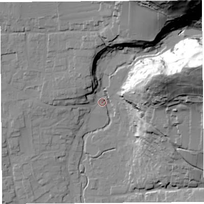 Shaded relief map of the ground around BS273PX, computed from Environment Agency LiDAR. The ground here sits at about 15 m above sea level and falls 80 m across the surrounding 800 m. Surface water reaching this point runs off ground lying to the east-north-east, 76.9 m higher.
