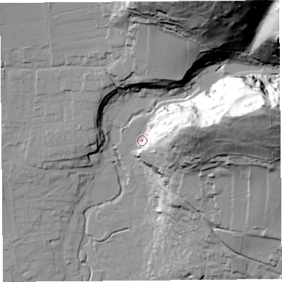 Shaded relief map of the ground around BS273QA, computed from Environment Agency LiDAR. The ground here sits at about 18 m above sea level and falls 91 m across the surrounding 800 m. Surface water reaching this point runs off ground lying to the east-north-east, 55.3 m higher.