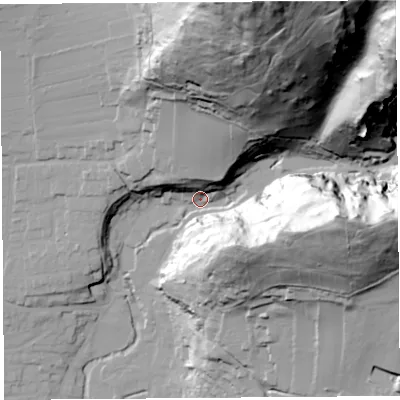 Shaded relief map of the ground around BS273QJ, computed from Environment Agency LiDAR. The ground here sits at about 19 m above sea level and falls 129 m across the surrounding 800 m. Surface water reaching this point runs off ground lying to the north-north-east, 123.0 m higher.