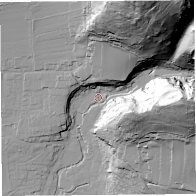 Shaded relief map of the ground around BS273QL, computed from Environment Agency LiDAR. The ground here sits at about 17 m above sea level and falls 120 m across the surrounding 800 m. Surface water reaching this point runs off ground lying to the north-east, 114.8 m higher.