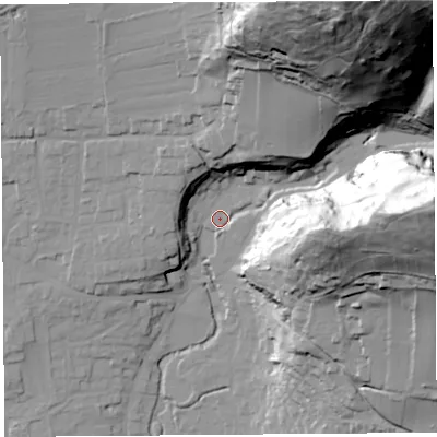 Shaded relief map of the ground around BS273QW, computed from Environment Agency LiDAR. The ground here sits at about 16 m above sea level and falls 107 m across the surrounding 800 m. Surface water reaching this point runs off ground lying to the north-east, 102.5 m higher.