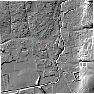 Shaded relief map of the ground around BS273RA, computed from Environment Agency LiDAR. The ground here sits at about 10 m above sea level and falls 29 m across the surrounding 800 m. Surface water reaching this point runs off ground lying to the north-north-west, 10.3 m higher.