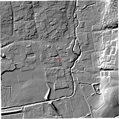 Shaded relief map of the ground around BS273RB, computed from Environment Agency LiDAR. The ground here sits at about 9 m above sea level and falls 23 m across the surrounding 800 m. Surface water reaching this point runs off ground lying to the north-north-west, 9.3 m higher.