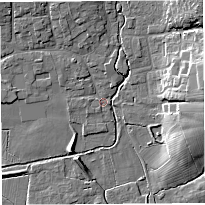 Shaded relief map of the ground around BS273RF, computed from Environment Agency LiDAR. The ground here sits at about 9 m above sea level and falls 20 m across the surrounding 800 m. Surface water reaching this point runs off ground lying to the north-west, 7.5 m higher.