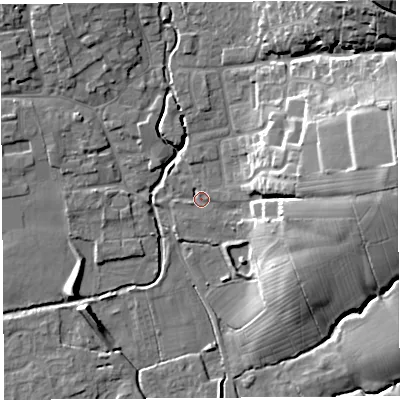 Shaded relief map of the ground around BS273RH, computed from Environment Agency LiDAR. The ground here sits at about 9 m above sea level and falls 26 m across the surrounding 800 m. Surface water reaching this point runs off ground lying to the east-north-east, 1.6 m higher.