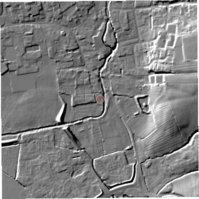 Shaded relief map of the ground around BS273RJ, computed from Environment Agency LiDAR. The ground here sits at about 9 m above sea level and falls 19 m across the surrounding 800 m. Surface water reaching this point runs off ground lying to the east-north-east, 17.0 m higher.