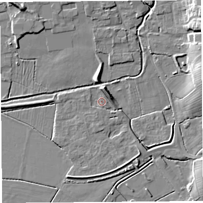 Shaded relief map of the ground around BS273RL, computed from Environment Agency LiDAR. The ground here sits at about 8 m above sea level and falls 14 m across the surrounding 800 m. Surface water reaching this point runs off ground lying to the north, 6.0 m higher.