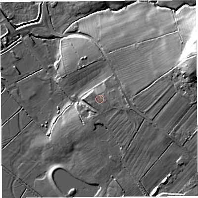 Shaded relief map of the ground around BS273RP, computed from Environment Agency LiDAR. The ground here sits at about 15 m above sea level and falls 37 m across the surrounding 800 m. Surface water reaching this point runs off ground lying to the east, 2.8 m higher.