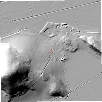 Shaded relief map of the ground around BS273UD, computed from Environment Agency LiDAR. The ground here sits at about 9 m above sea level and falls 72 m across the surrounding 800 m. Surface water reaching this point runs off ground lying to the west-south-west, 59.7 m higher.
