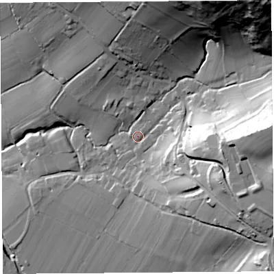Shaded relief map of the ground around BS273UP, computed from Environment Agency LiDAR. The ground here sits at about 29 m above sea level and falls 76 m across the surrounding 800 m. Surface water reaching this point runs off ground lying to the north-east, 63.7 m higher.
