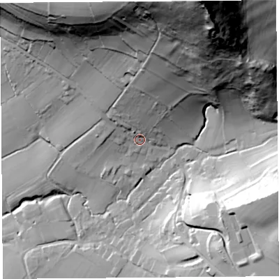 Shaded relief map of the ground around BS273XB, computed from Environment Agency LiDAR. The ground here sits at about 35 m above sea level and falls 133 m across the surrounding 800 m. Surface water reaching this point runs off ground lying to the north, 39.9 m higher.