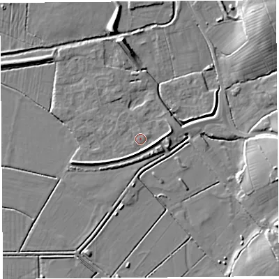 Shaded relief map of the ground around BS273XL, computed from Environment Agency LiDAR. The ground here sits at about 7 m above sea level and falls 16 m across the surrounding 800 m. Surface water reaching this point runs off ground lying to the east-south-east, 2.9 m higher.