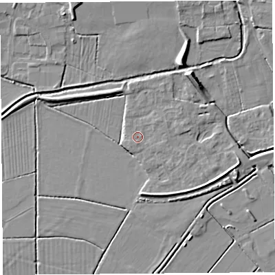 Shaded relief map of the ground around BS273XS, computed from Environment Agency LiDAR. The ground here sits at about 7 m above sea level and falls 9 m across the surrounding 800 m. Surface water reaching this point runs off ground lying to the south, 0.9 m higher.
