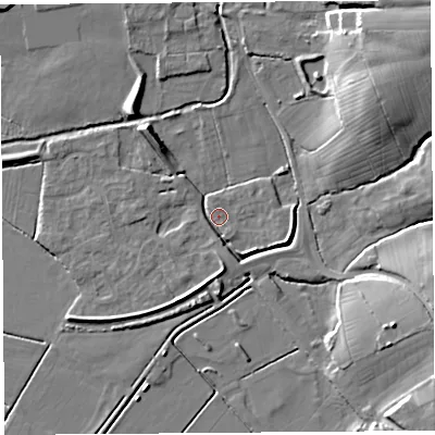 Shaded relief map of the ground around BS273XT, computed from Environment Agency LiDAR. The ground here sits at about 7 m above sea level and falls 19 m across the surrounding 800 m. Surface water reaching this point runs off ground lying to the north-east, 16.7 m higher.