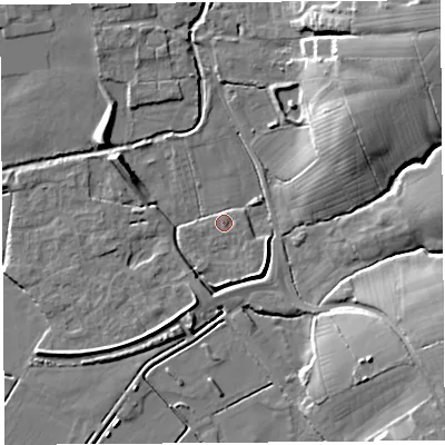 Shaded relief map of the ground around BS273XU, computed from Environment Agency LiDAR. The ground here sits at about 8 m above sea level and falls 22 m across the surrounding 800 m. Surface water reaching this point runs off ground lying to the north-east, 19.5 m higher.
