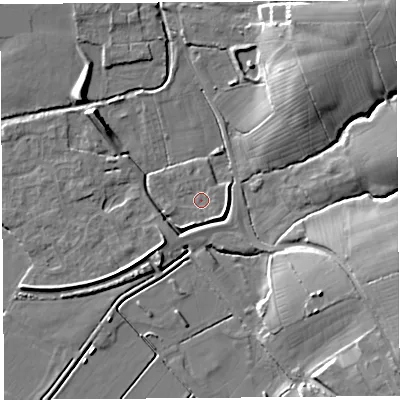 Shaded relief map of the ground around BS273XW, computed from Environment Agency LiDAR. The ground here sits at about 8 m above sea level and falls 22 m across the surrounding 800 m. Surface water reaching this point runs off ground lying to the north-north-east, 1.0 m higher.