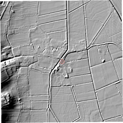 Shaded relief map of the ground around BS284HF, computed from Environment Agency LiDAR. The ground here sits at about 7 m above sea level and falls 22 m across the surrounding 800 m. Surface water reaching this point runs off ground lying to the north-north-west, 2.2 m higher.