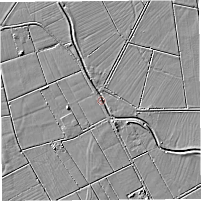 Shaded relief map of the ground around BS284HH, computed from Environment Agency LiDAR. The ground here sits at about 7 m above sea level and falls 4 m across the surrounding 800 m. Surface water reaching this point runs off ground lying to the east, 1.0 m higher.