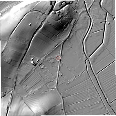 Shaded relief map of the ground around BS284JA, computed from Environment Agency LiDAR. The ground here sits at about 7 m above sea level and falls 29 m across the surrounding 800 m. Surface water reaching this point runs off ground lying to the south-west, 26.5 m higher.
