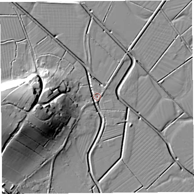 Shaded relief map of the ground around BS284JE, computed from Environment Agency LiDAR. The ground here sits at about 6 m above sea level and falls 24 m across the surrounding 800 m. Surface water reaching this point runs off ground lying to the west, 24.2 m higher.