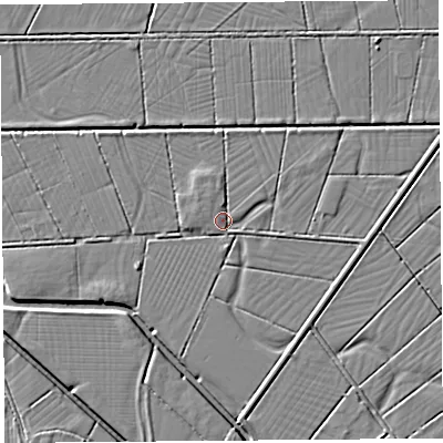 Shaded relief map of the ground around BS284JW, computed from Environment Agency LiDAR. The ground here sits at about 6 m above sea level and falls 4 m across the surrounding 800 m. Surface water reaching this point runs off ground lying to the north, 1.7 m higher.